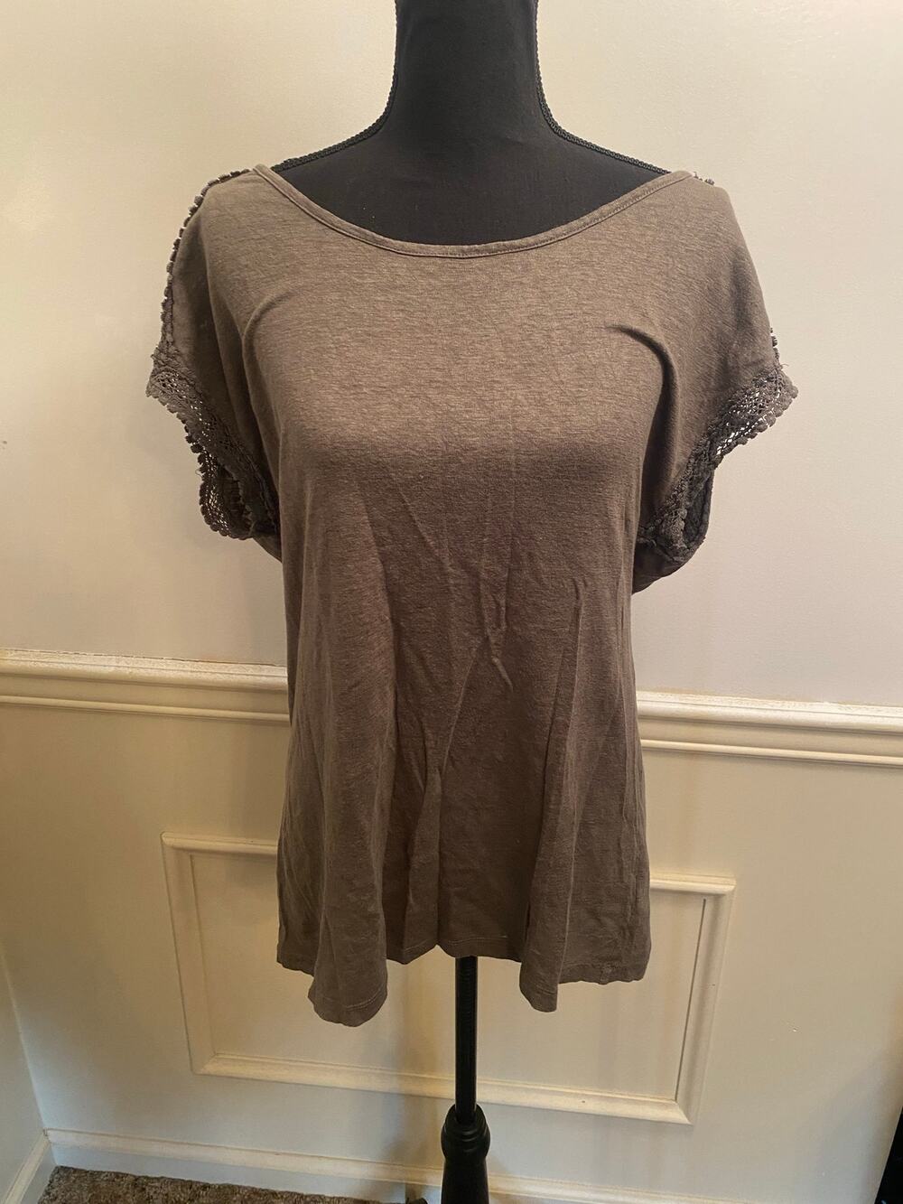 Rachel Ashwell 100% Linen Slub Knit T-Shirt Boho Crochet Trim Shabby Chic Lace